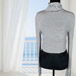 Double Zero Striped Black & White Cropped Turtleneck Long-Sleeve Top